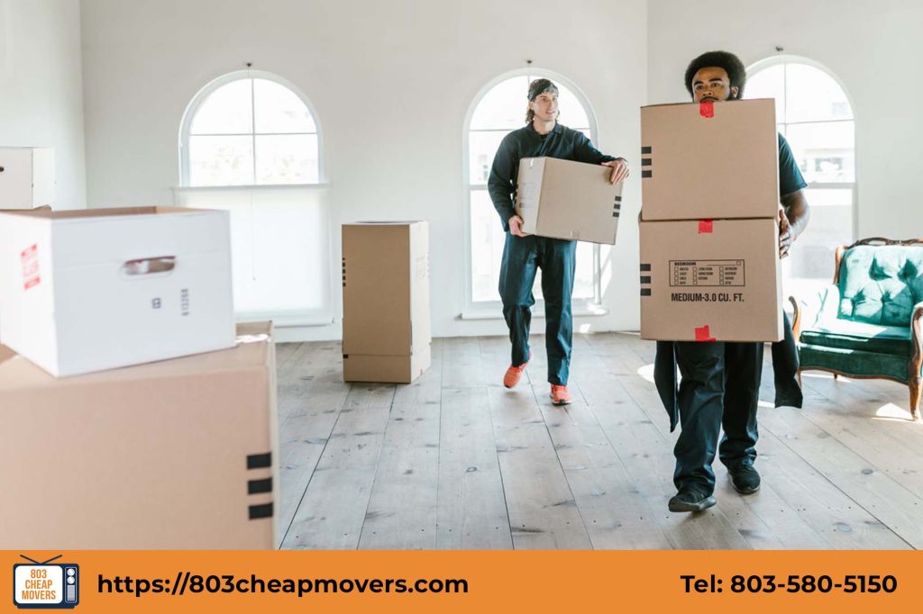 Two reliable movers carrying moving boxes in a home, representing top moving companies in Camden SC.